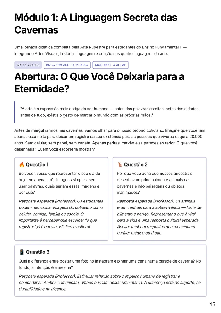 Página do guia Origens da Arte com plano de aula do módulo 1