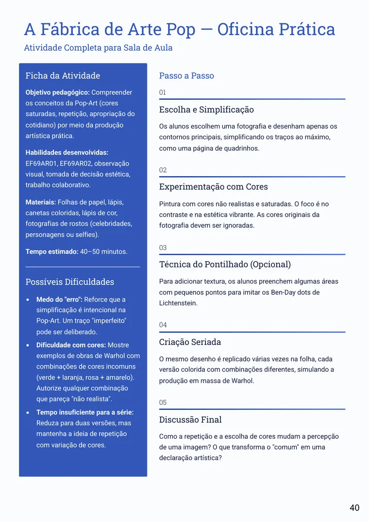 Página de oficina prática de Pulsares da Arte