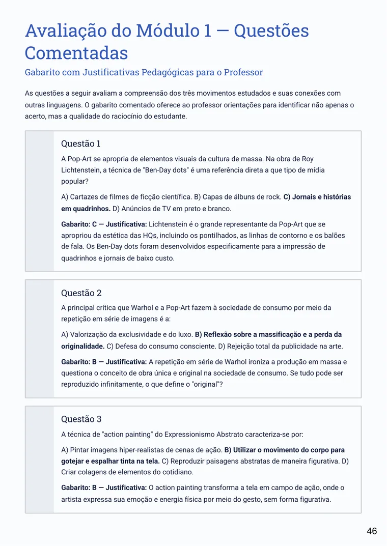 Página de avaliação do módulo 1 de Pulsares da Arte com gabarito comentado