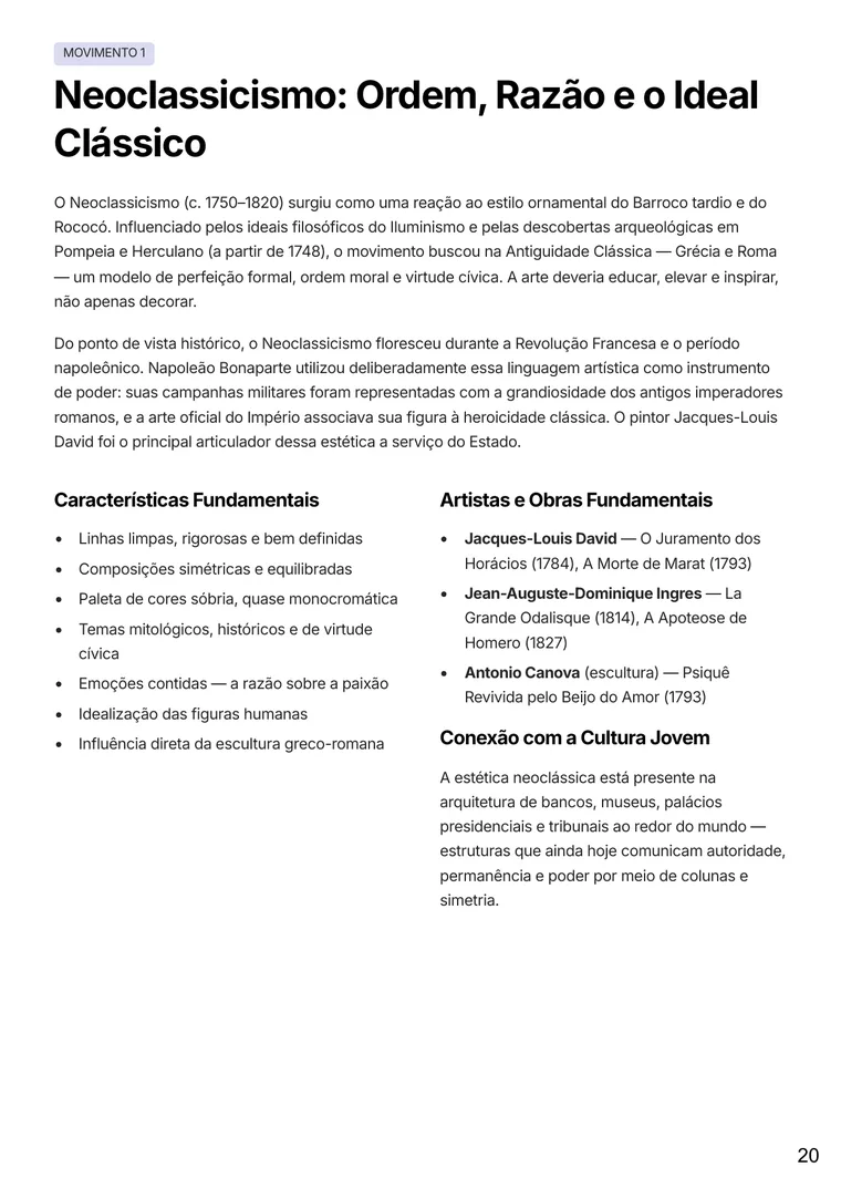 Página de conteúdo sobre o Neoclassicismo