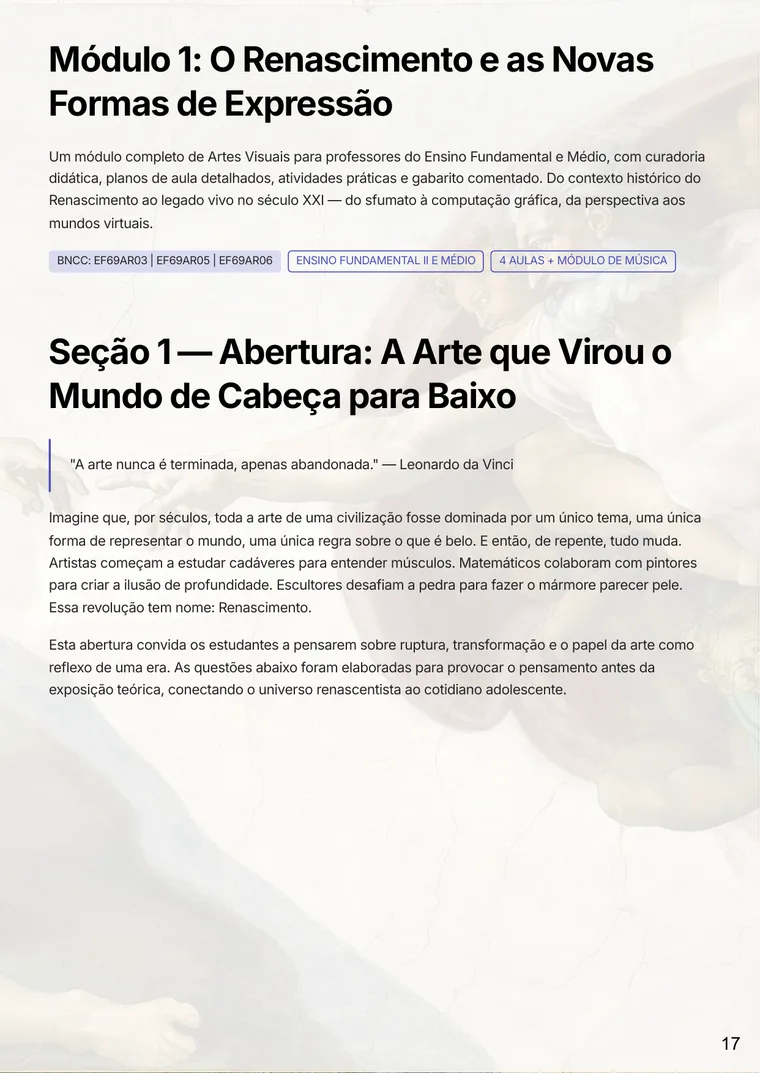 Página do guia Trajetórias da Arte com plano de aula do módulo 1